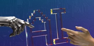 robot and human hands reaching toward ai text