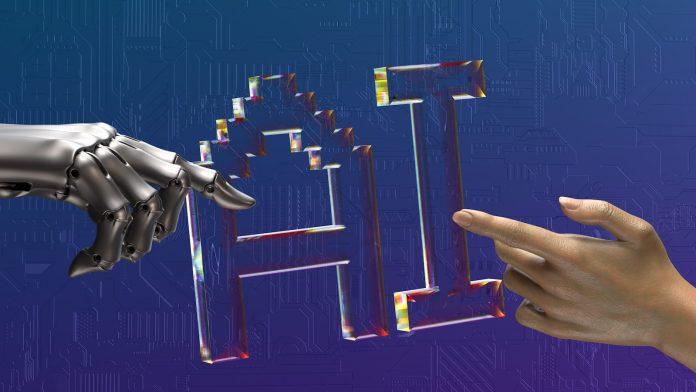 robot and human hands reaching toward ai text