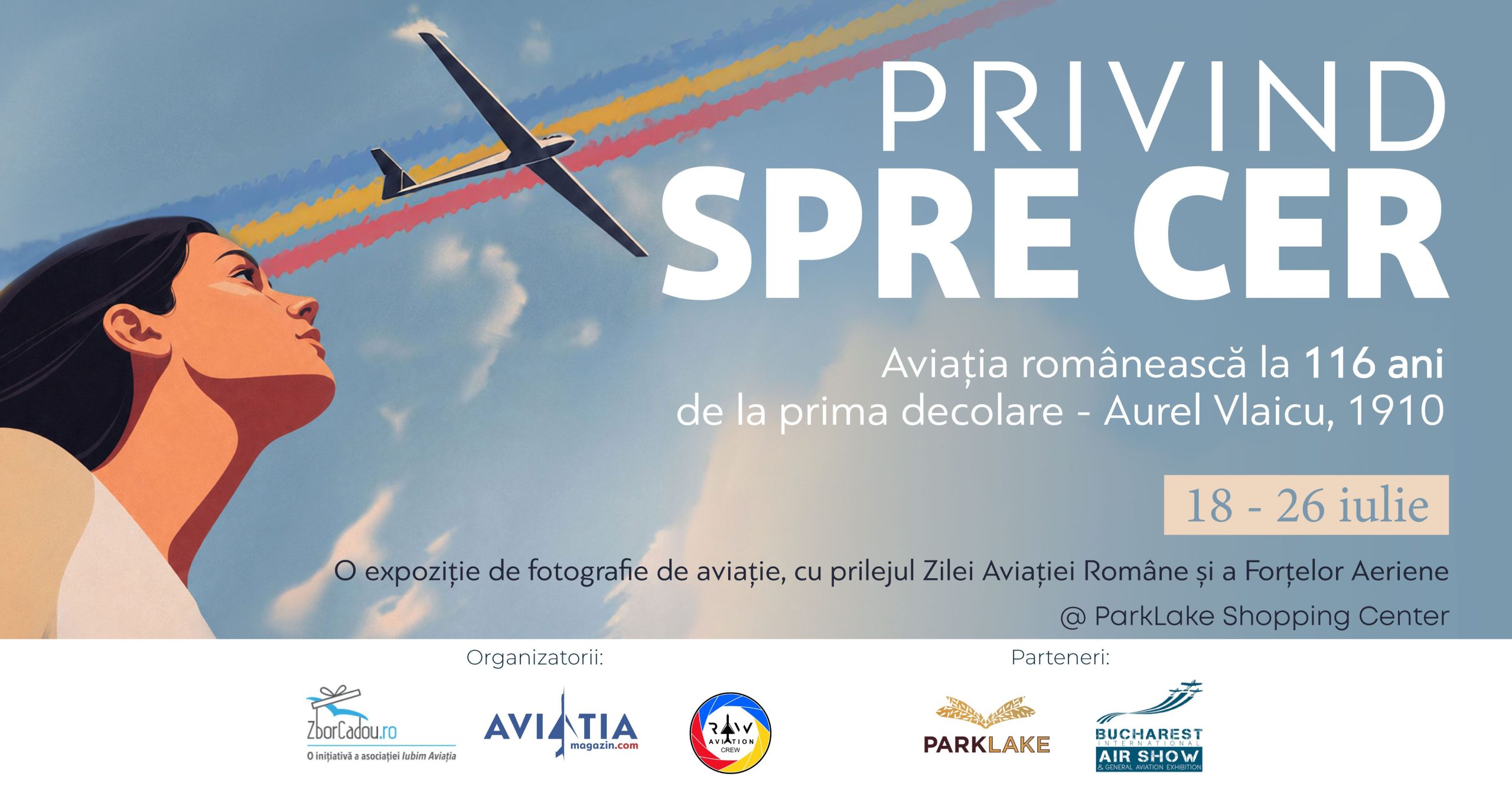 Expoziție de fotografie aviatică la ParkLake Shopping Center București, dedicată Zilei Aviației Române și a Forțelor Aeriene 1 vizual expo 2026 Postare landscape pentru FB 1200 x 630 px scaled