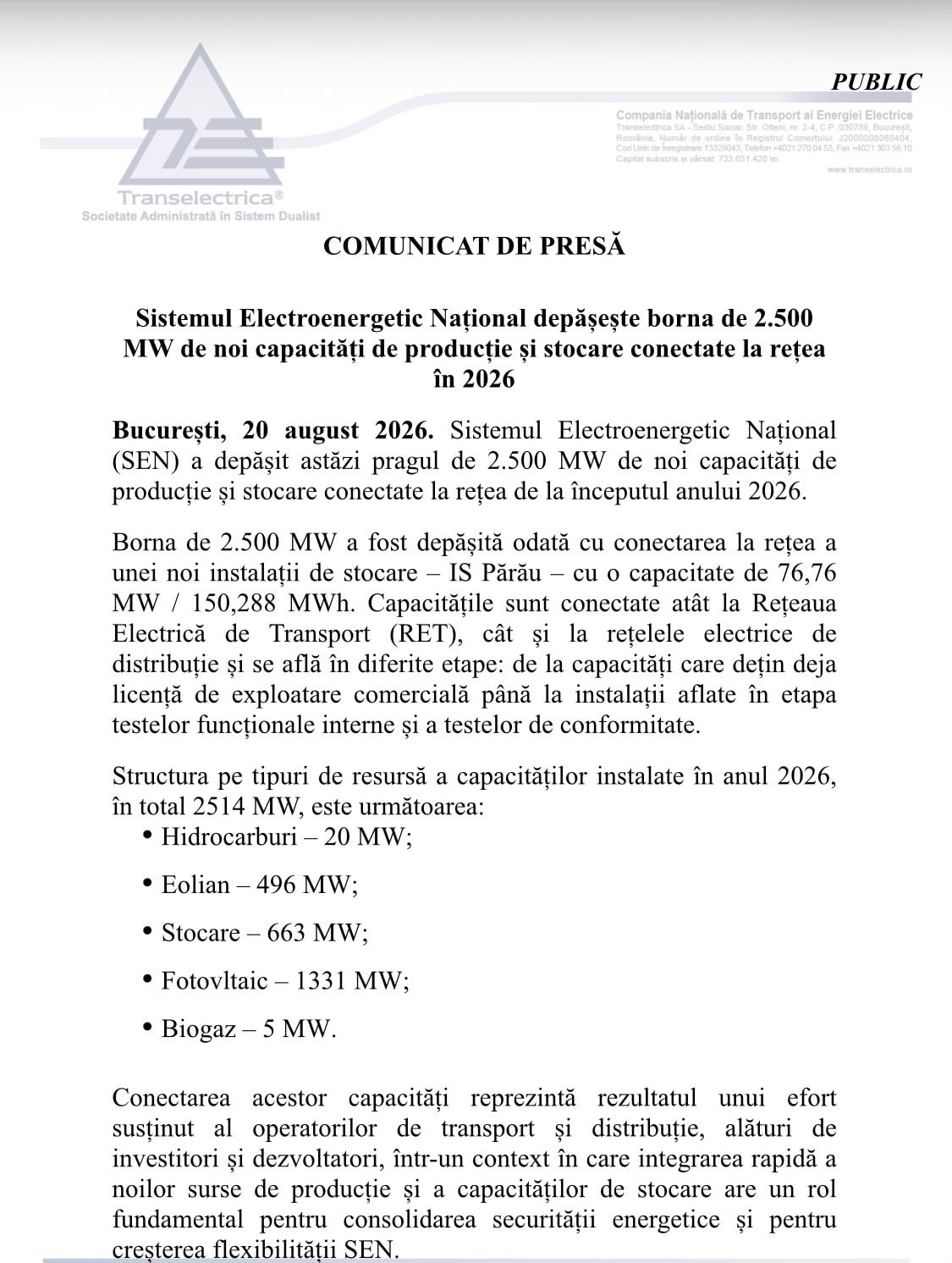 COMUNICAT DE PRESĂ TRANSELECTRICA: Peste 2.500 MW de noi capacități de producție și stocare, conectate la rețeaua electrică în 2026 1 d66a10e9 38b5 4373 93d0 39348b05beb7