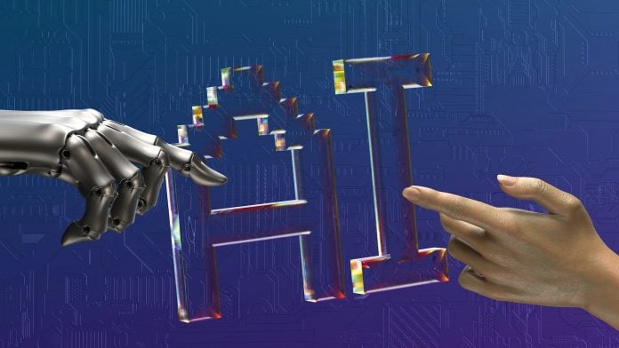 robot and human hands reaching toward ai text