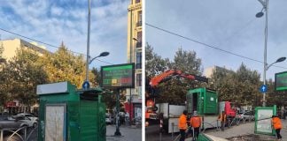 Un chioșc abandonat, demolat în Piața Sfântul Gheorghe din București. Construcția bloca circulația pietonilor